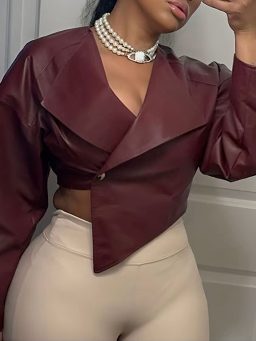 Cropped Faux Leather Jacket in Burgundy - Women Jackets & Coats